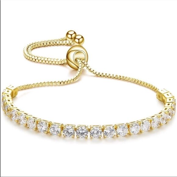 NEW Crystal Zirconia Tennis Bracelet 14K Gold Adjustable Slide Bracelet - Picture 1 of 5